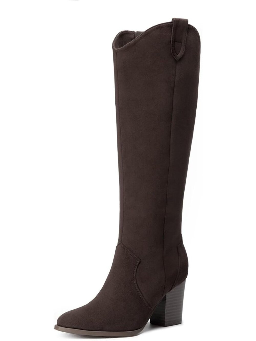 Women's Chocolate Faux Suede Chunky Heel Pointed Toe Side Zipper Knee High Boots